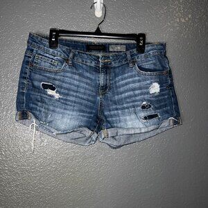 Aeropostale Women’s Midi Denim Shorts Size 12 Distressed Cuffed Jean Cutoff Blue